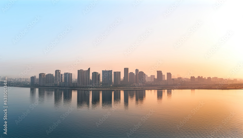 aerial view of city skyline at sunrise, calm water surface