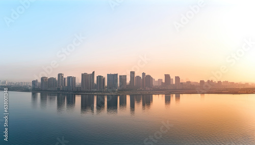 aerial view of city skyline at sunrise, calm water surface © tl6781