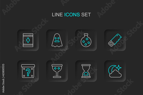 Set line Moon and stars, Old hourglass, Medieval goblet, Mystery box, Hand saw, Bottle with potion, Ghost and Magic carpet icon. Vector