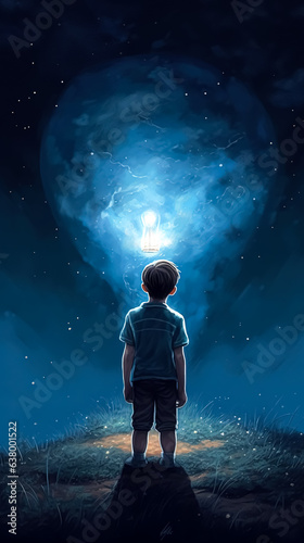 Little boy in front of a glowing light bulb at night, generative AI.