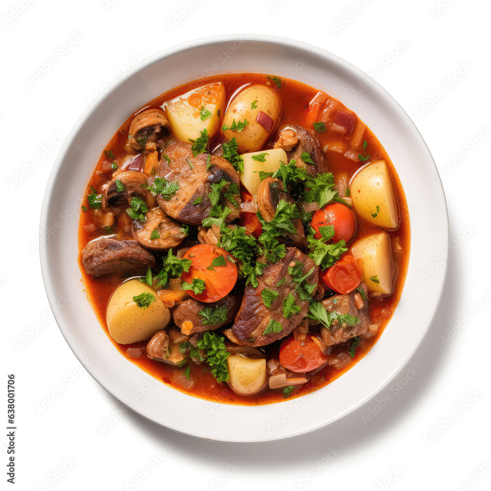Portuguese Stew Portuguese Dish On Plate On White Background Directly Above View