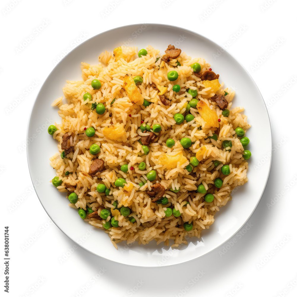 Rice And Peas Jamaican Dish On Plate On White Background Directly Above View Rice And Peas Jamaican Dish On Plate On White Background Directly Above View