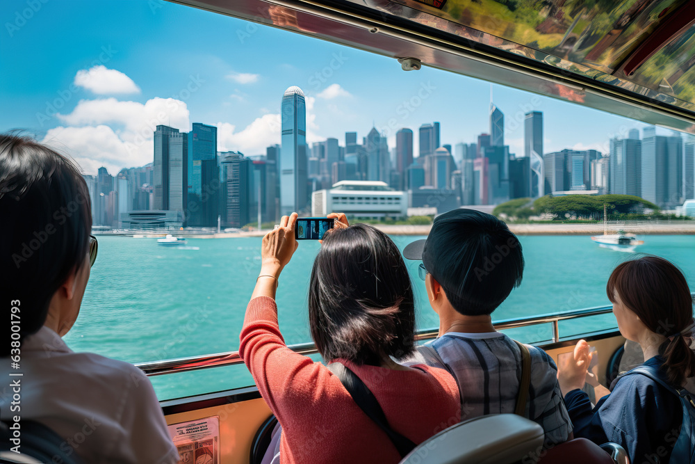 Fototapeta premium Tourists Capturing Landmarks on Open-Deck Bus Tour. Generative AI.