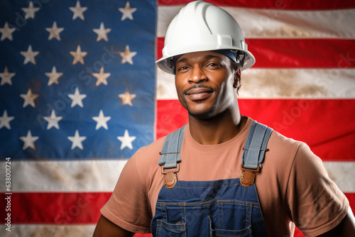 Handsome Professional Afro American Construction Worker Wearing Safety Helmet against US Flag - Labor Day Concept - Generative AI