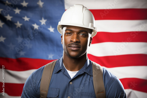 Handsome Professional Afro American Construction Worker Wearing Safety Helmet against US Flag - Labor Day Concept - Generative AI