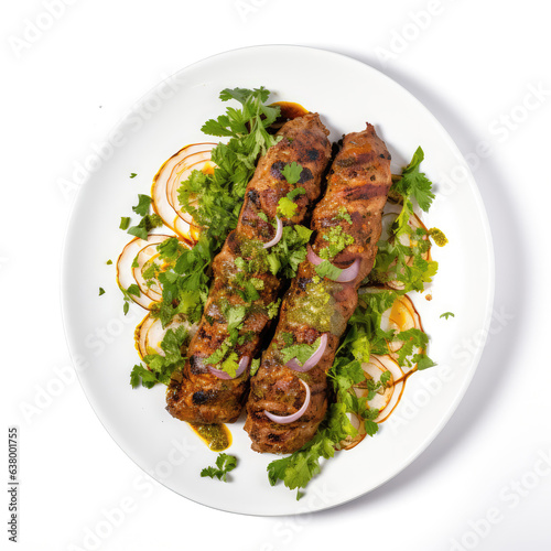Reshmi Kebab Pakistani Dish On Plate On White Background Directly Above View