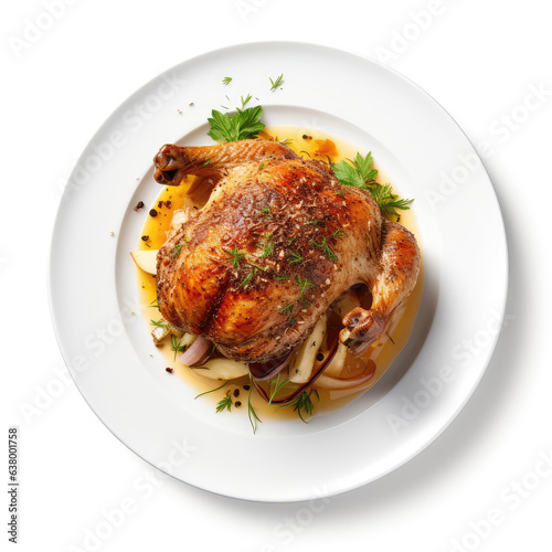 Rotisserie Chicken Belgian Dish On Plate On White Background Directly Above View