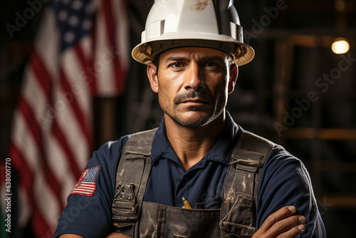 Handsome Professional Hispanic Latino Construction Worker Wearing Safety Helmet against US Flag - Labor Day Concept - Generative AI