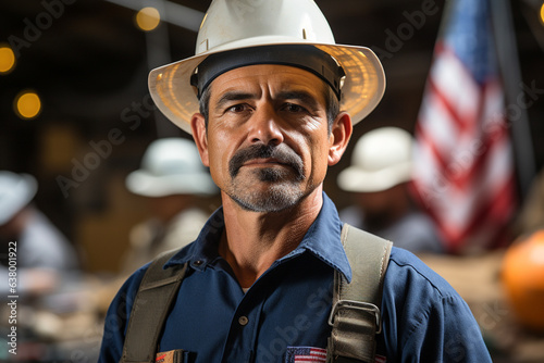 Handsome Professional Hispanic Latino Construction Worker Wearing Safety Helmet against US Flag - Labor Day Concept - Generative AI