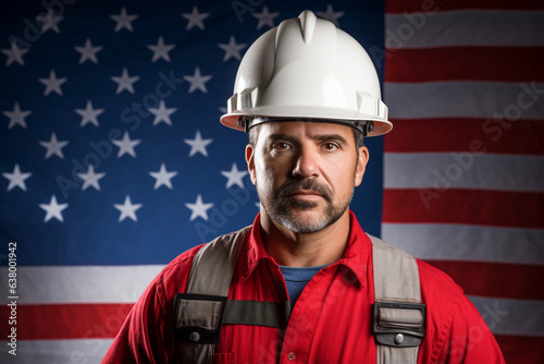 Handsome Professional Construction Worker Wearing Safety Vest and Hard Hat against USA Flag - Labor Day Concept - Generative AI