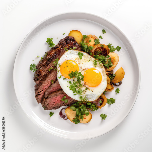 Steak Egg Portuguese Dish On Plate On White Background Directly Above View