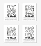 Cards with lettering and doodle outline podcast icons.