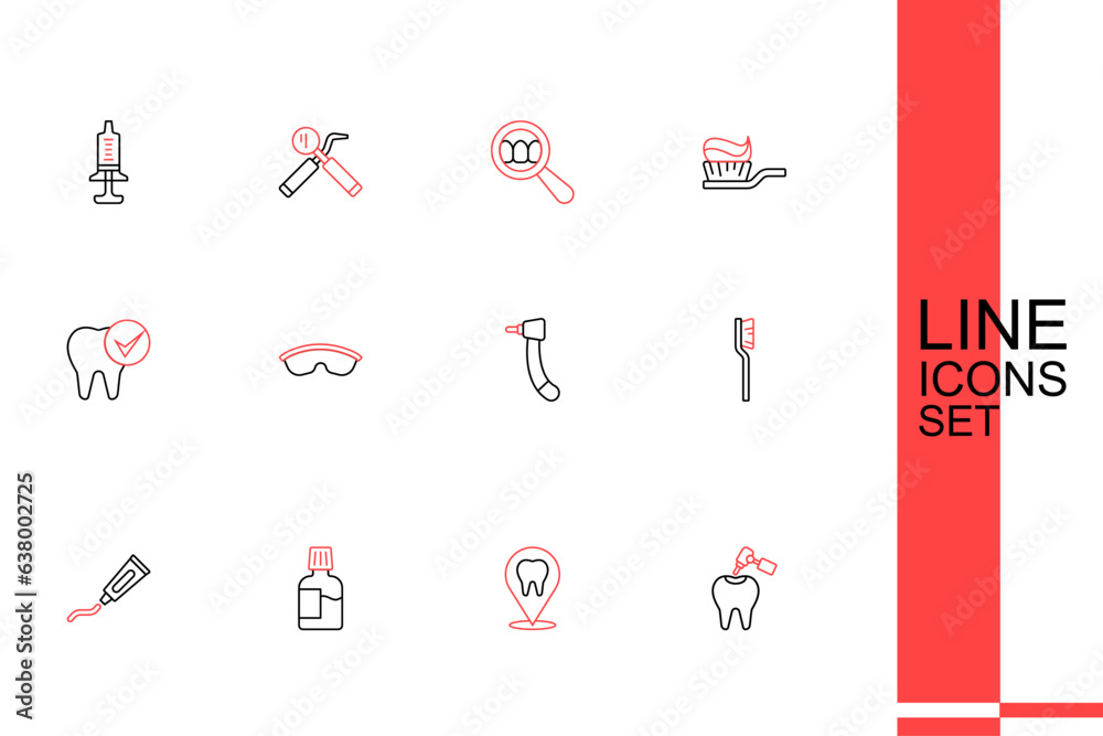Set line Tooth with caries and drill, Dental clinic location, Mouthwash, Tube of toothpaste, Toothbrush, Safety goggle glasses and icon. Vector Set line Tooth with caries and drill, Dental clinic location, Mouthwash, Tube of toothpaste, Toothbrush, Safety goggle glasses and icon. Vector