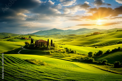 Generative AI landscape illustration of Tuscany valley in Italy at sunset time