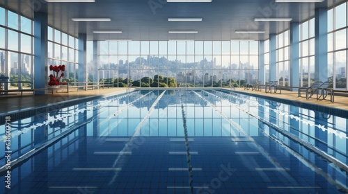 Close-up of the Olympic swimming pool with the cityscape outside the window. 