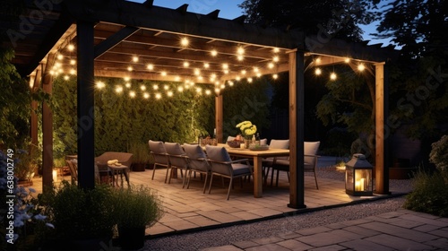 A pergola surrounded by greenery, gravel on the ground, simple patio furniture, string lights, night.  © piai