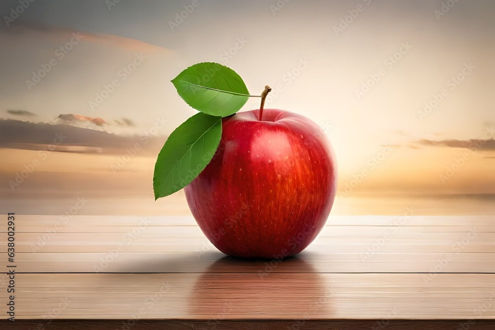 red apple with green leaf on wooden table with sunset in background red apple with green leaf on wooden table with sunset in background