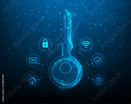 key security technology digital on blue background. electronic key and code safety icon cyber. information privacy padlock. vector illustration fantastic technology design.