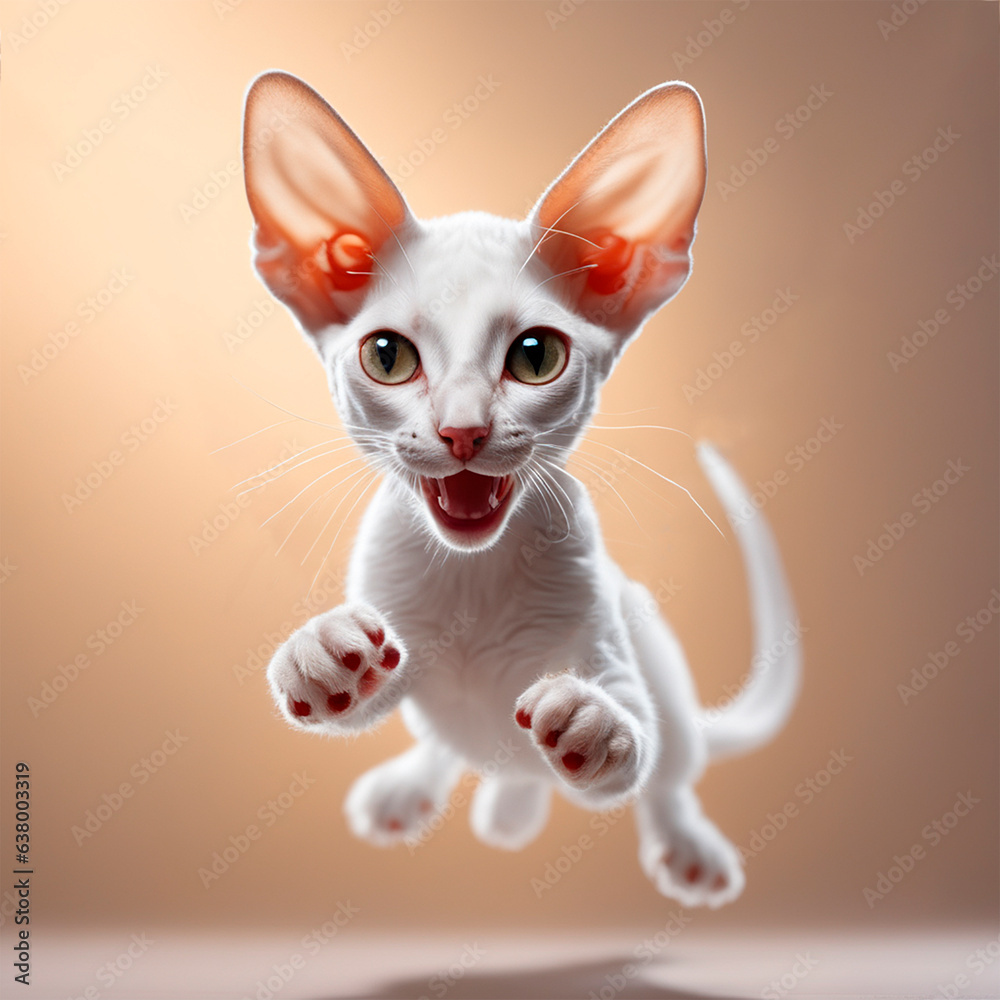 white Cornish Rex kitten with big ears flies in a jump, in the air