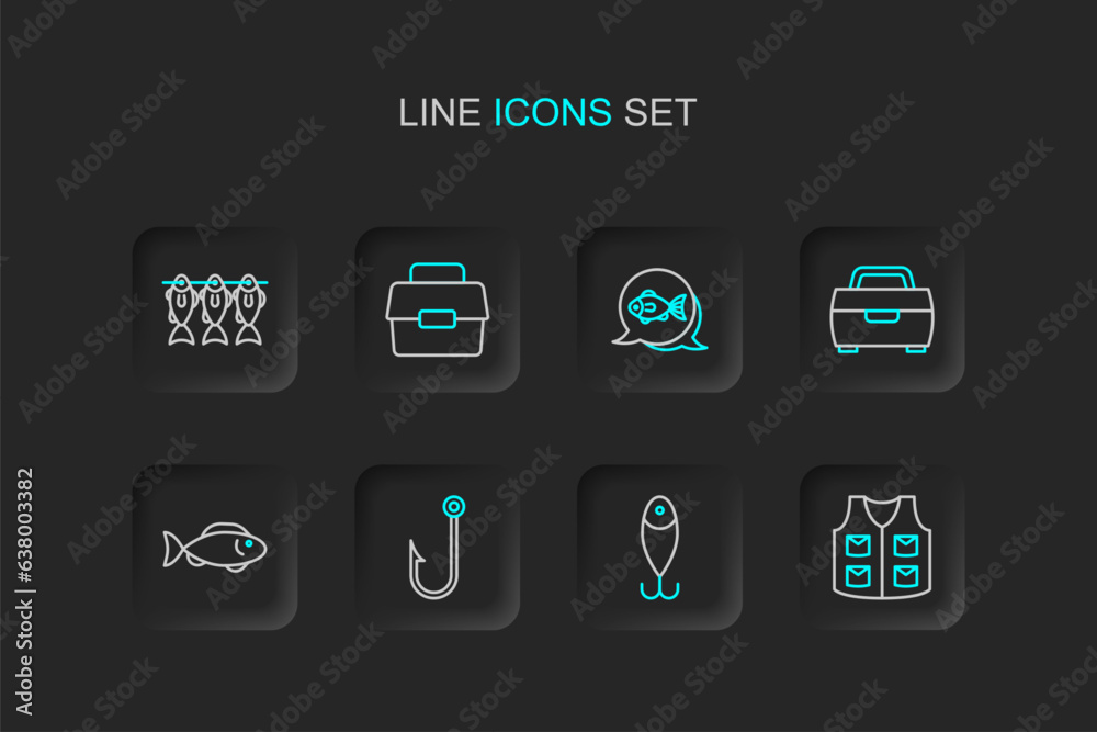 Set line Fishing jacket, lure, Fisherman, hook, Case or box for fishing and equipment icon. Vector