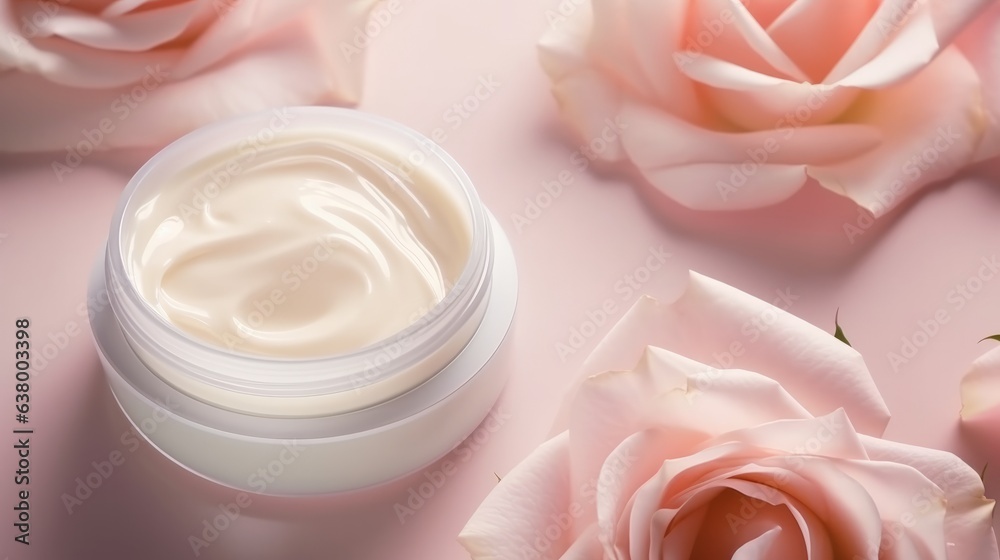 Illustration of a jar of cream sitting on top of pink roses Illustration of a jar of cream sitting on top of pink roses