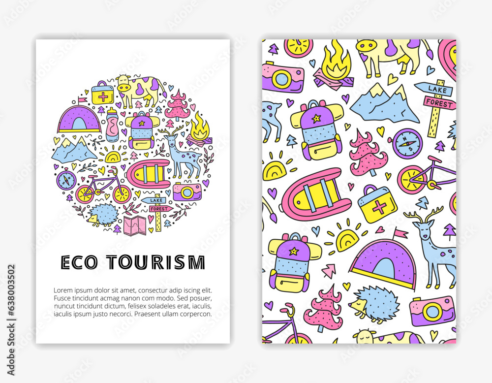 Card templates with lettering and doodle eco tourism icons.