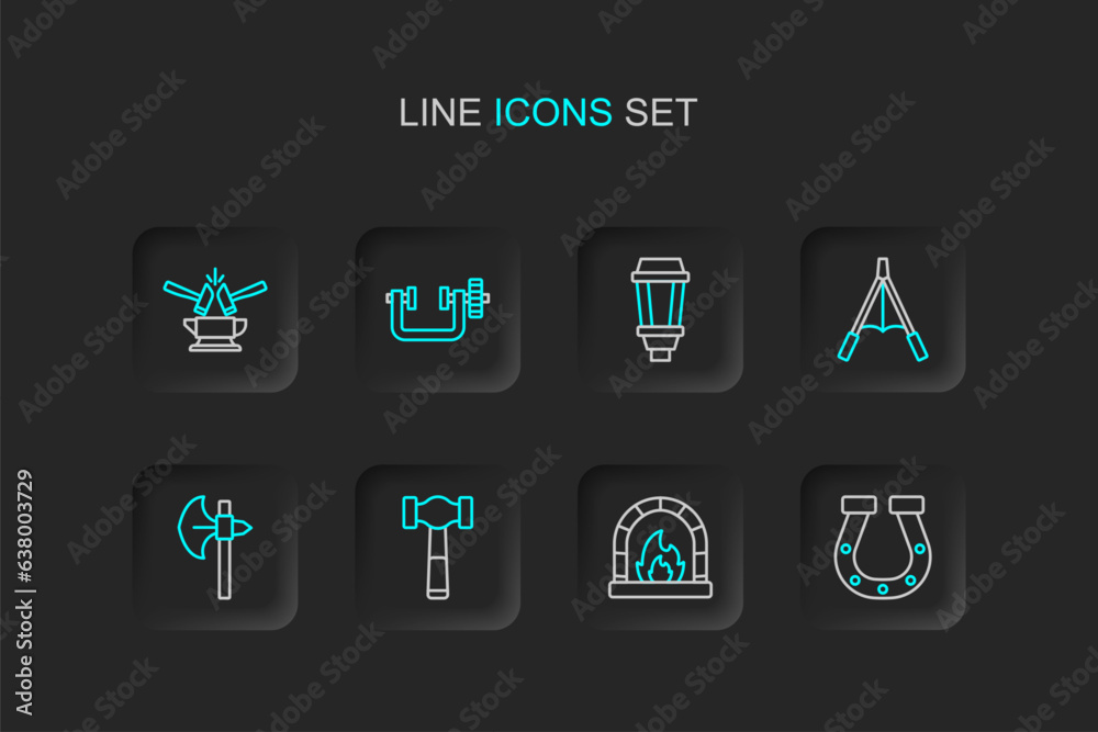 Set line Horseshoe, Blacksmith oven, Hammer, Medieval axe, Air blower bellows, Garden light lamp, Clamp and screw tool and Anvil hammer icon. Vector