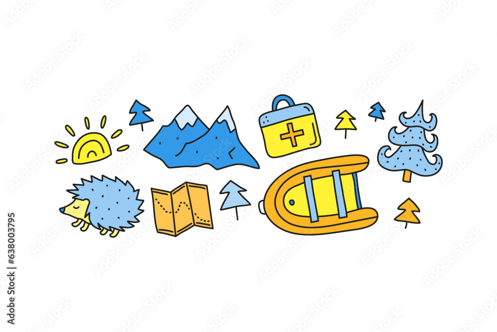 Group of doodle colored eco tourism icons.