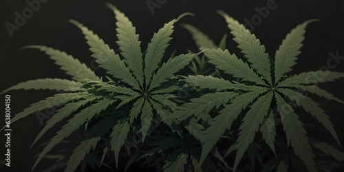 Green cannabis leaves on a black background. Leaf, cannabis, marijuana, plant.