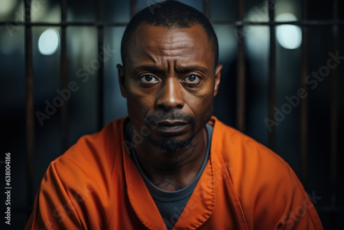 African American prisoner in prison, portrait of sad adult man in an orange robe sitting in prison cell. Crime, arrest