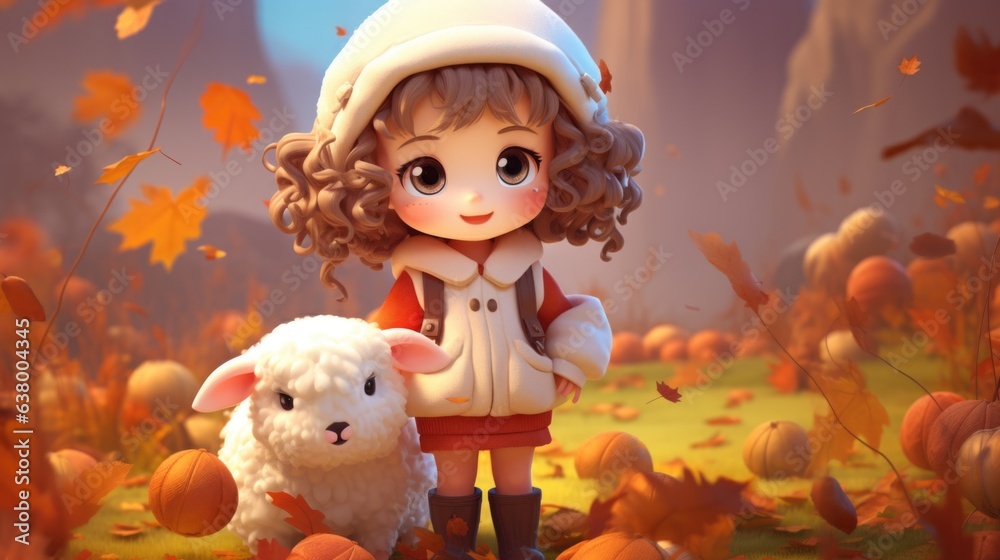 Fototapeta premium A little girl standing next to a sheep in a field