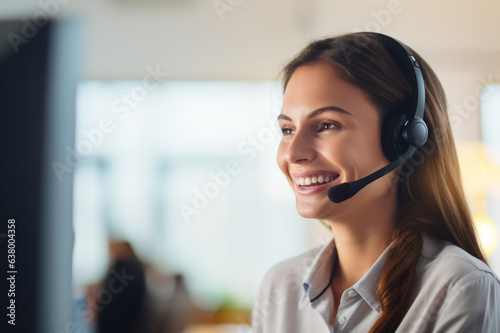  Beautiful call center workers in headphones are working at modern office. Generated ai 