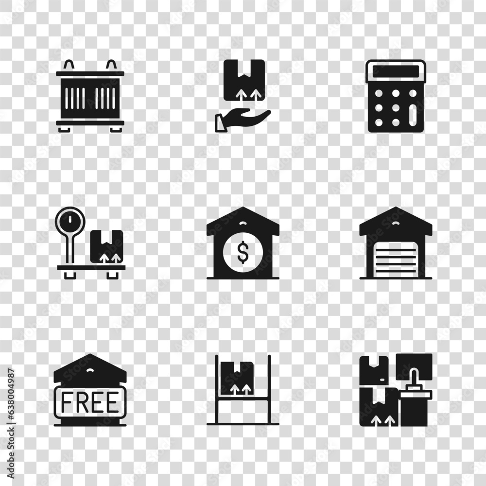 Set Warehouse interior with boxes, price, Calculator, Container, Delivery hand and Scale cardboard icon. Vector