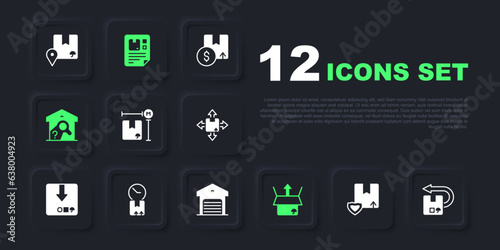 Set Delivery security with shield, Return cardboard box, Cardboard measurement, Unboxing, Warehouse check, clock, Waybill and icon. Vector