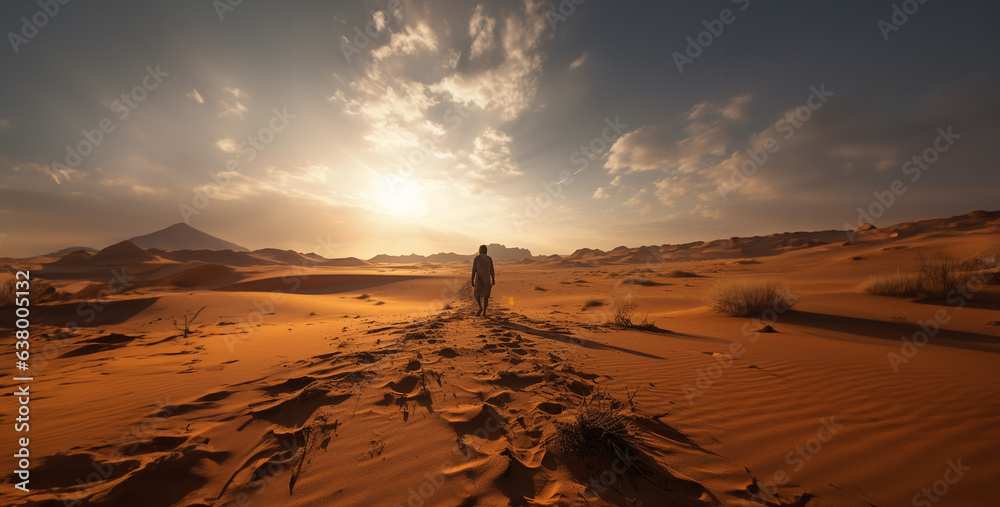 Naklejka premium A man walking alone in the desert exhausted sweat HD wallpaper