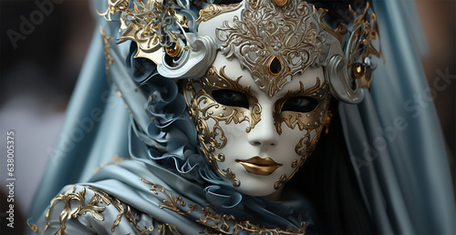 Image of a mysterious man in a beautiful carnival white mask with gold, standing against the backdrop of the famous Venetian canals.  © Margo_Alexa
