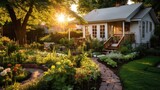 A cozy edible garden, cottage style garden in a small garden, white brick house, backyard, golden hour. Generative AI