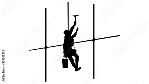 Industrial alpinist silhouette, Highrise worker hanging on ropes, washing, cleaning and polishing building with wiper