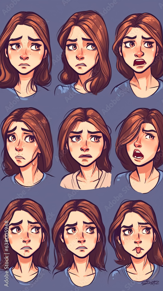 Set of displeased female facial expressions, generative AI. Set of displeased female facial expressions, generative AI.