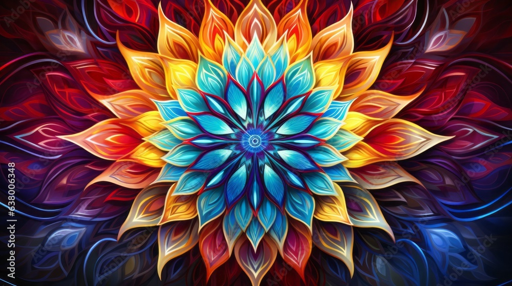 Hypnotic fractal mandala pattern in colorful neon colors as background illustration - obrazy, fototapety, plakaty 