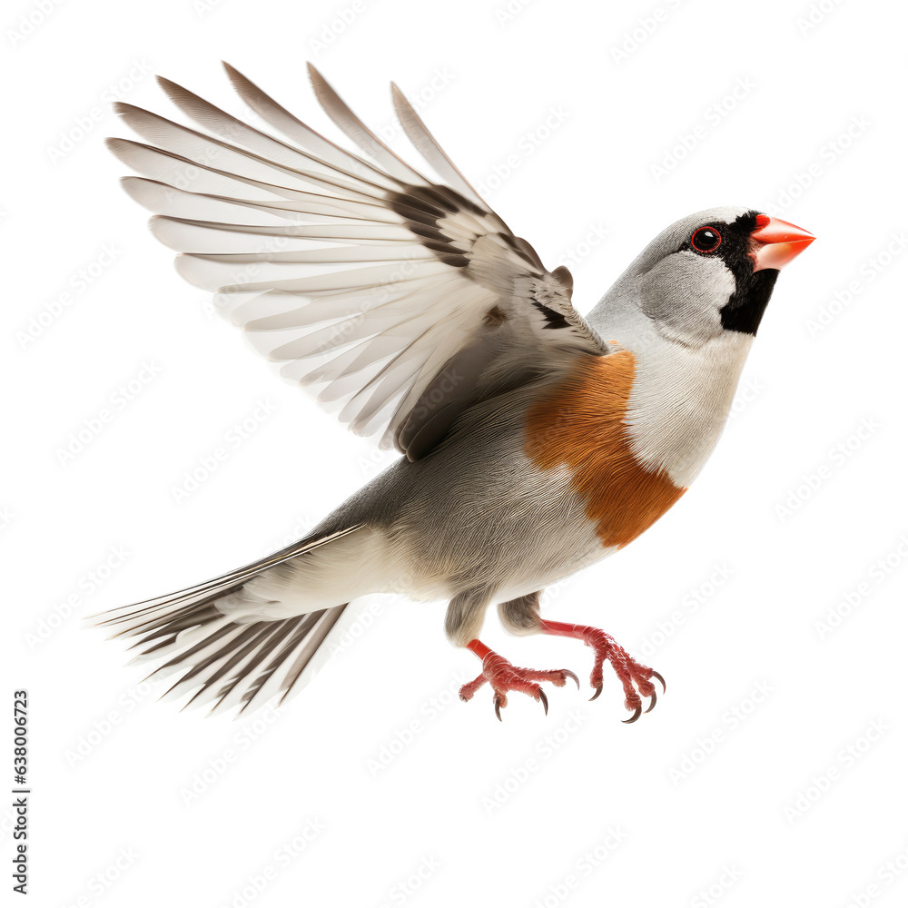 Obraz premium a Zebra Finch Taeniopygia guttata castanotis, in-flight in a Nature-themed, illustration in a PNG, cutout, and isolated. Generative ai