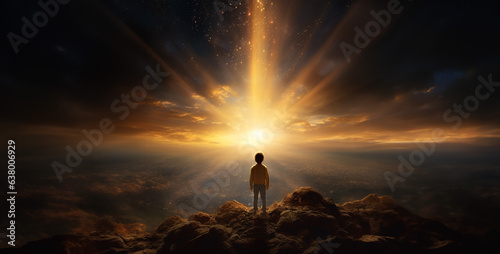 child looking into a golden horizon light rays shi HD wallpaper