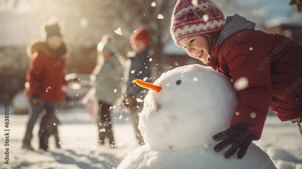 Group of children playing on snow in winter time, Created using ...
