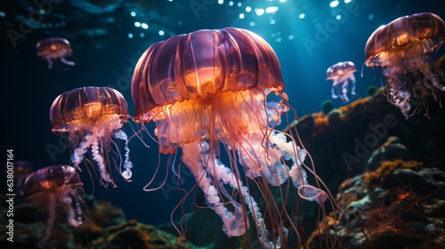 Jellyfish swims in the ocean sea, light passes through the water © SITI