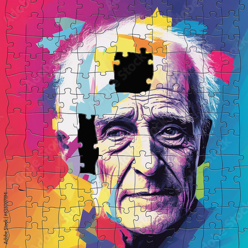Wallpaper Mural Puzzle with drawn human head on color background. Concept of dementia,  Created using generative AI tools. Torontodigital.ca