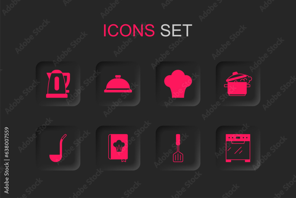 Set Cookbook, Covered with tray of food, Electric kettle, Spatula, Cooking pot, Oven, Chef hat and Kitchen ladle icon. Vector Set Cookbook, Covered with tray of food, Electric kettle, Spatula, Cooking pot, Oven, Chef hat and Kitchen ladle icon. Vector