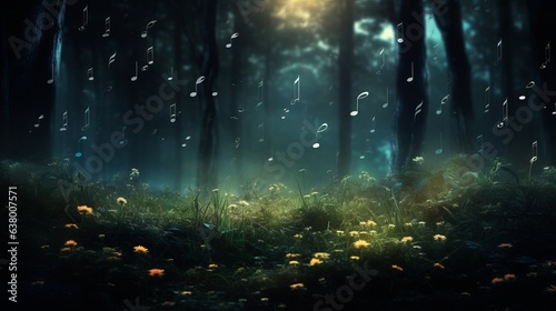 Abstract background with music notes in the forest, classic musical poster, nature sounds