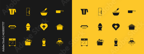 Set Frying pan, Cooking pot, Chef hat, Pepper, Chicken egg on stand, whisk with bowl, Measuring cup and Refrigerator icon. Vector