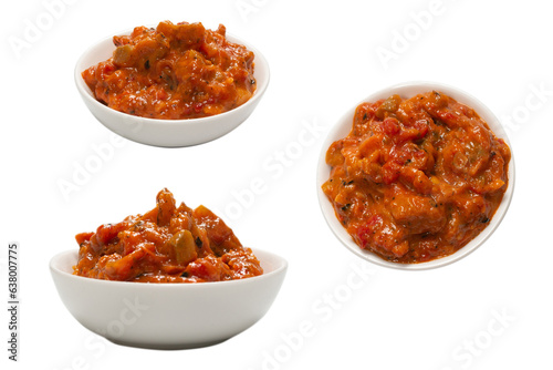 Vegetable stew in a bowl isolated on white background.