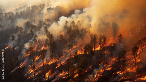 Heavy fire heat warming ecological concept summer high temperature landscape scenery copy space banner. Firefighters work.